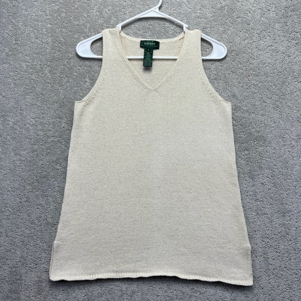 Lauren Ralph Lauren Tank Top Womens S Cream Linen Blend Knit Sleeveless V-Neck